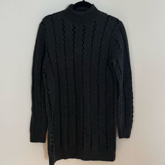 COS Cut-Out gray turtleneck Boiled Wool Tunic sweater crochet ribbed size S cozy - Picture 2 of 9